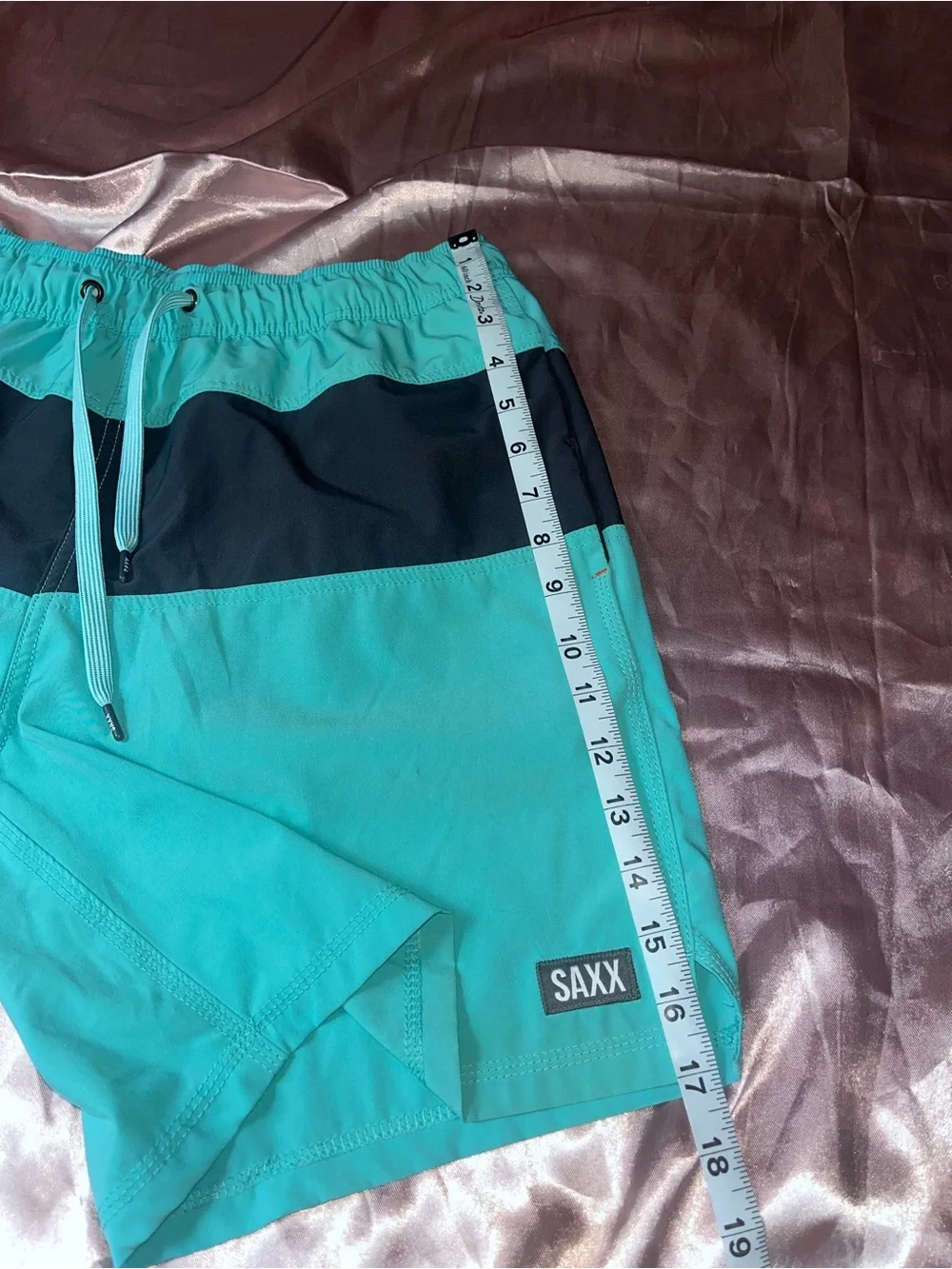 Saxx Teal and Navy Colorblock Swim Trunks Size Medium